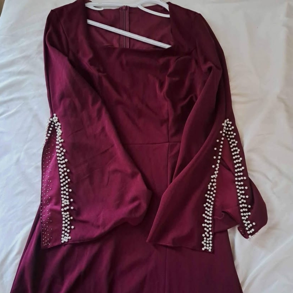 Elegant Burgundy Dress with Pearl Detailing